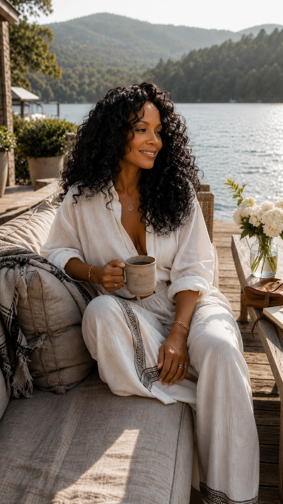 Diane sitting by the water, present and at peace