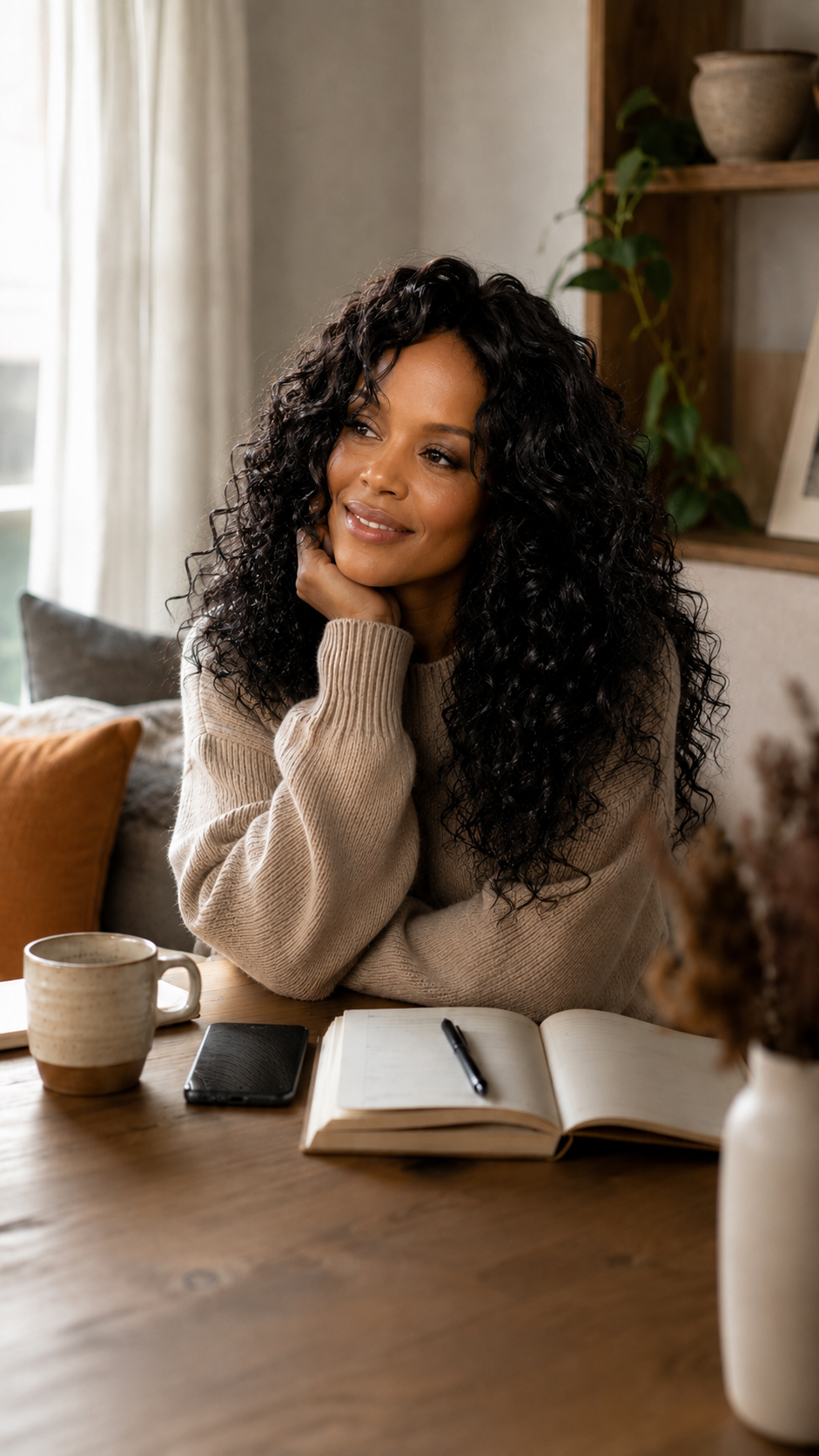 Diane sitting at a table with an open journal, looking thoughtfully into the distance