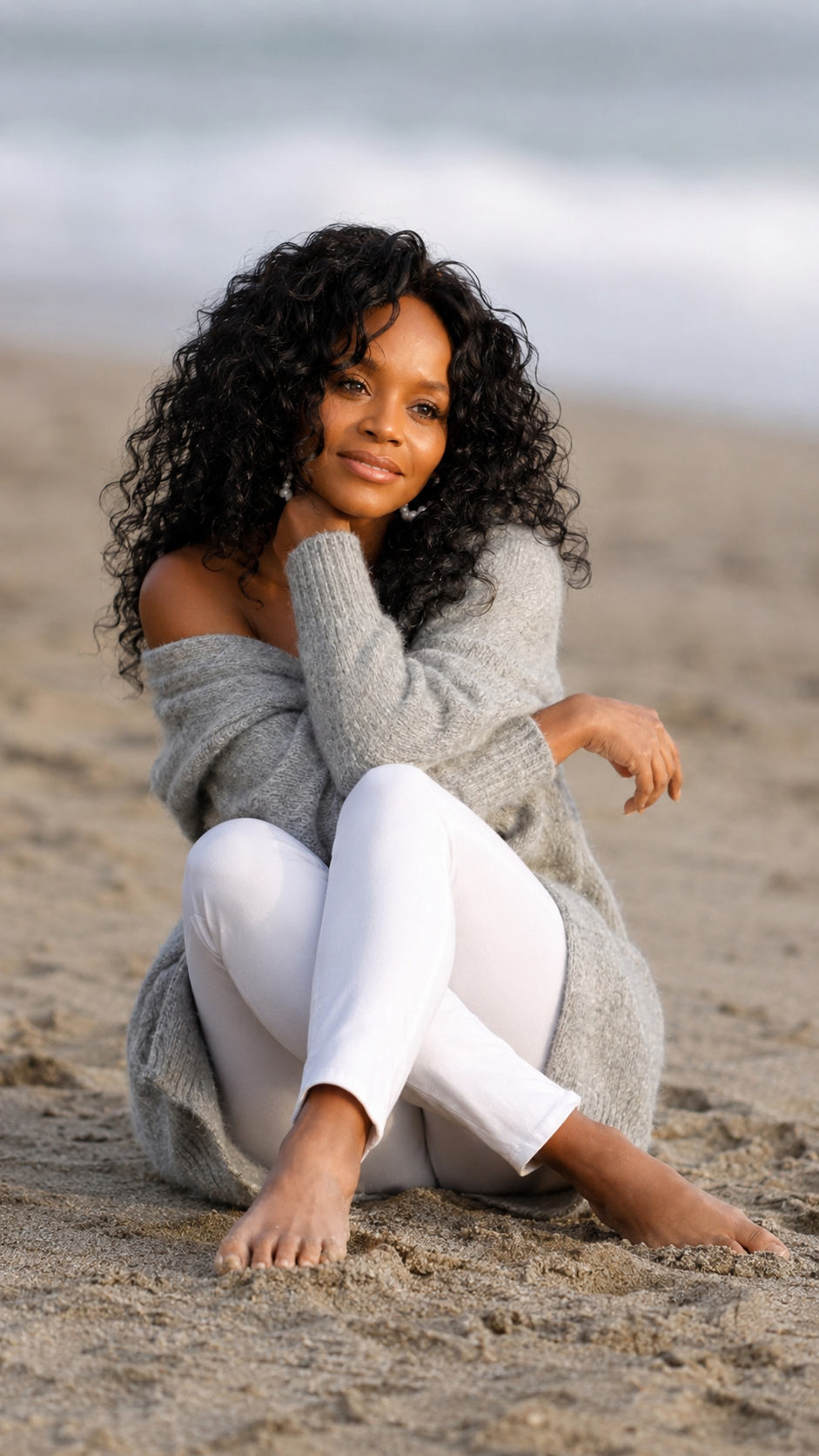 Diane sitting on the beach at sunset, at peace