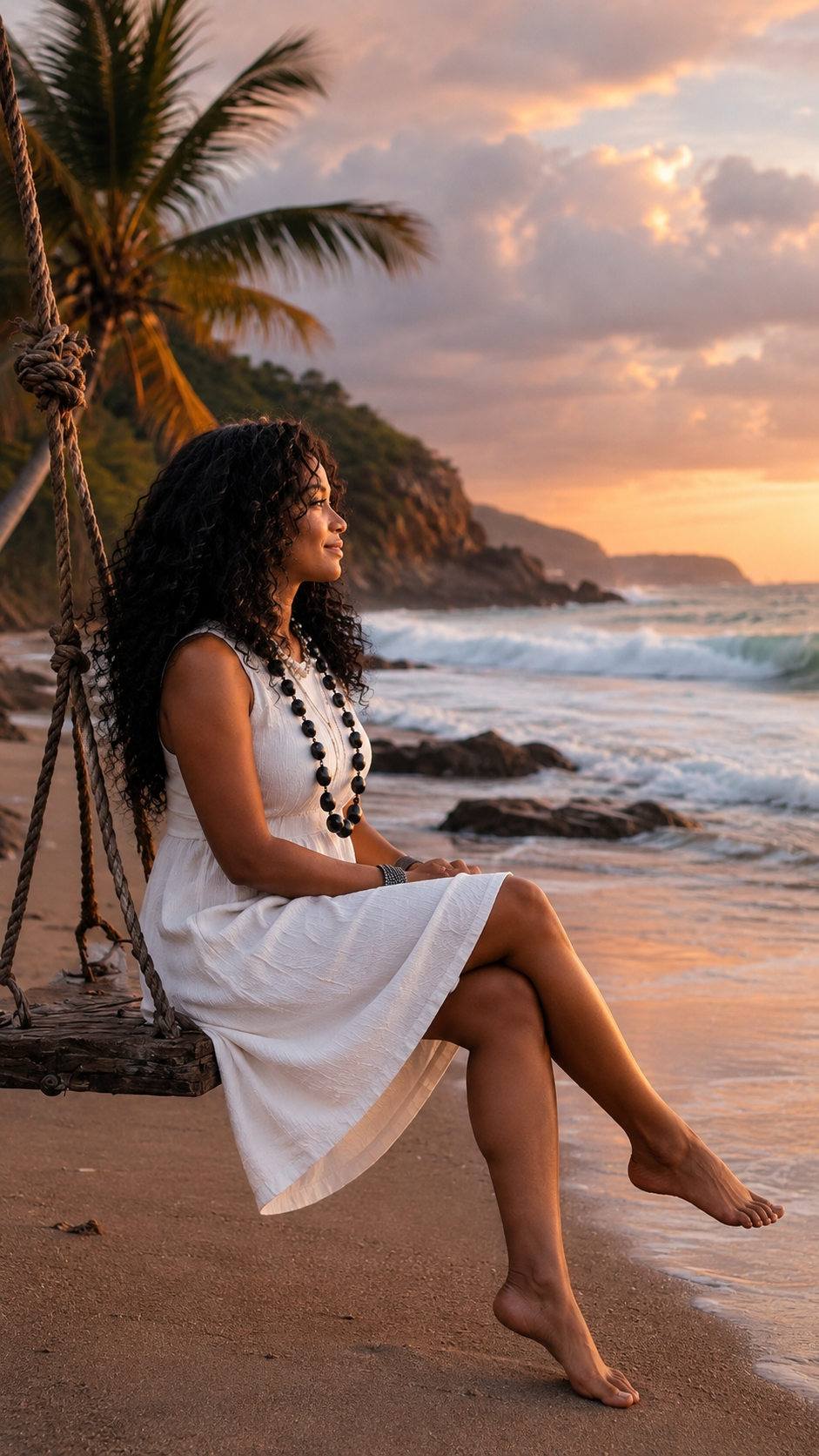 Diane sitting on a rope swing at the beach at sunset